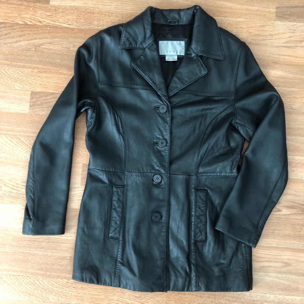 Nine West black leather buttoned coat. M